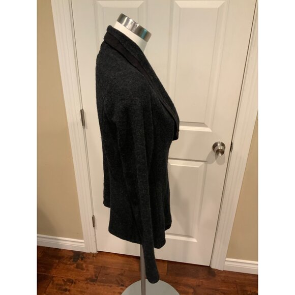Guinevere Dark Gray 100% Wool Asymmetrical Cardigan W/ Leather Trim, Size Small - Picture 4 of 7